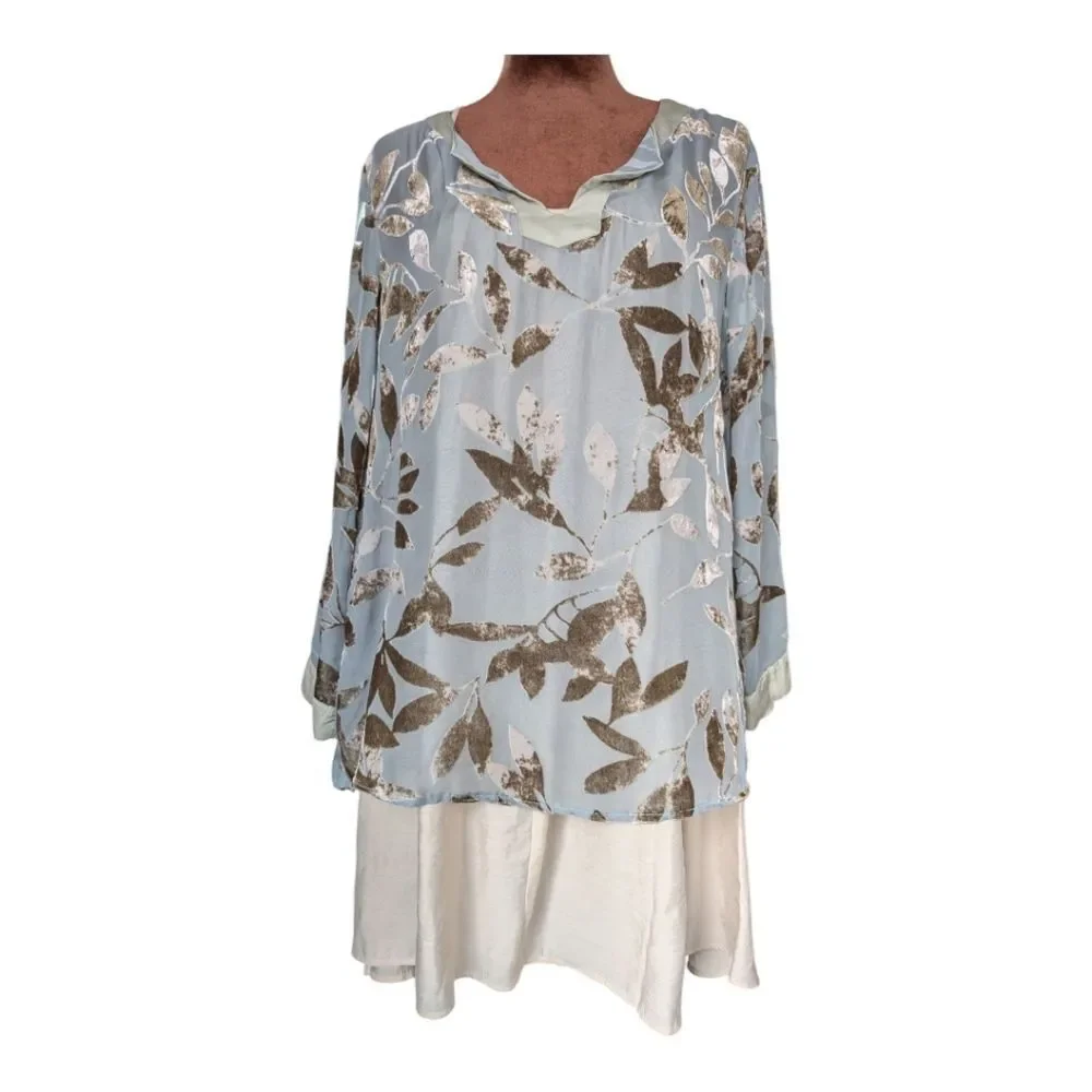 Nile (Swiss Brand) Silk Floral Burnout Velvet  Grey Blue Size M - Picture 11 of 14